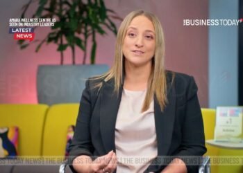 Rebecca Moulynox from Great Place To Work Australia being interviewed on set for the Industry Leaders television program