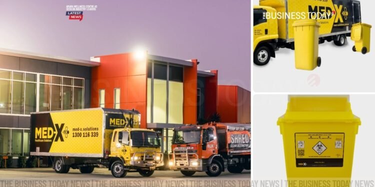 Med-X Solutions waste-management specialists operating in Australia — trucks, staff, and clinical-waste containers symbolising sustainable medical waste disposal and hygiene services.